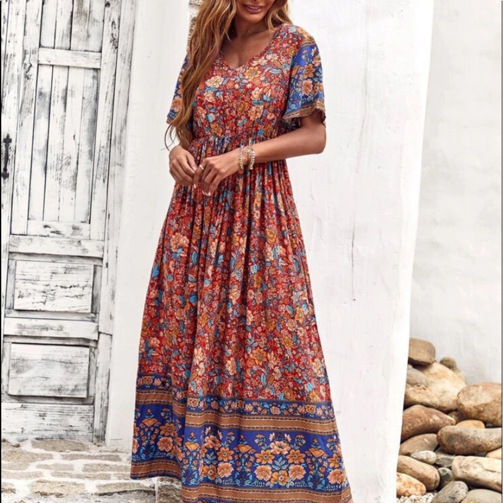 Boho floral print knot front A line dress - Picture 4 of 7